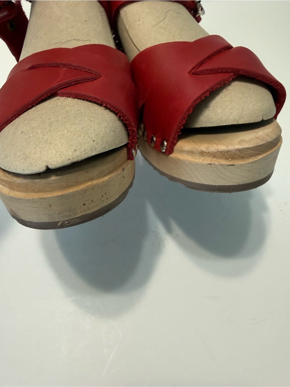 Mia Gertrude Red Leather Swedish Wooden Clog Sandals Open Toe Ankle Strap Sz 39 - Picture 8 of 16